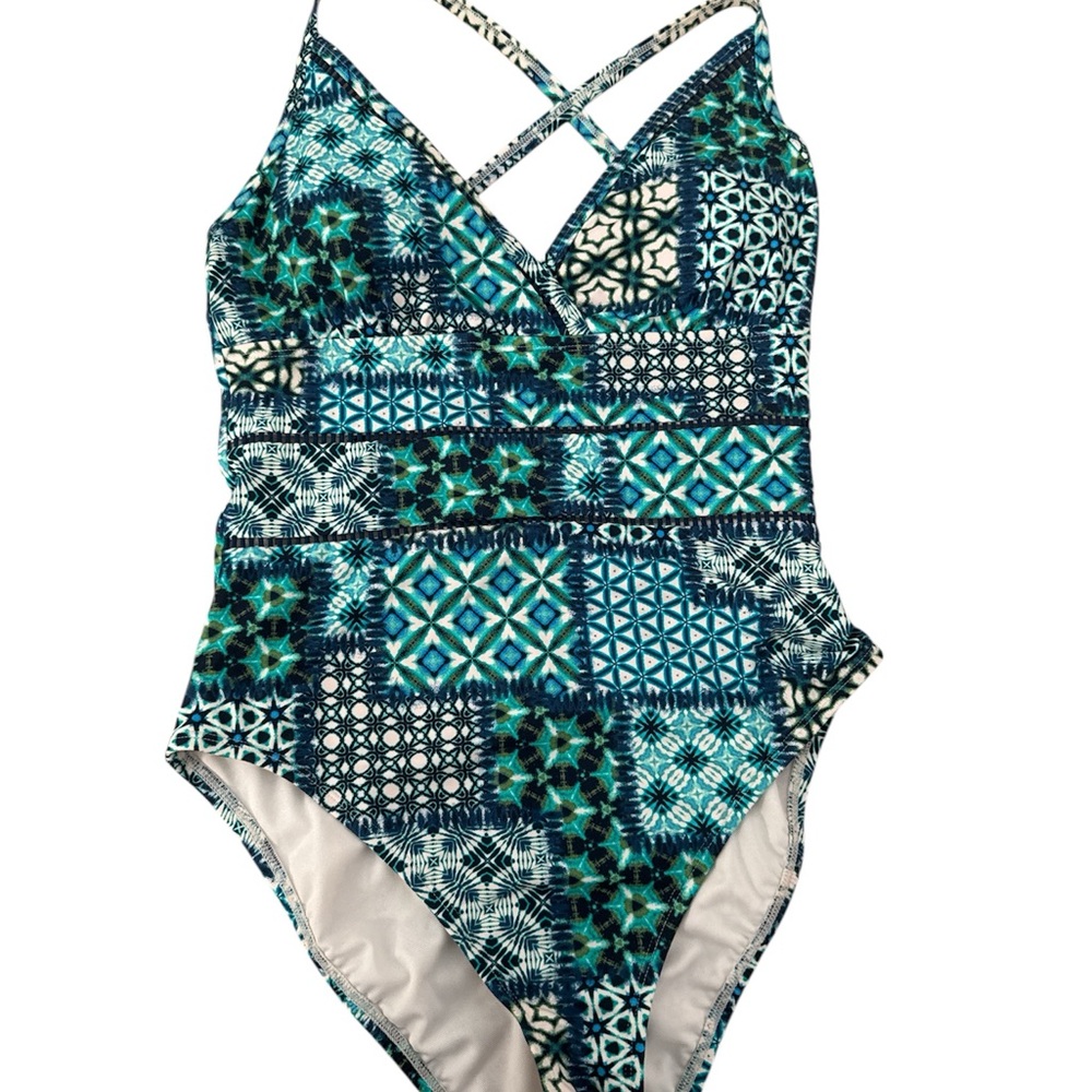 Bleu Rod Beattie Blue and White Geometric One-Piece Swimsuit - Size 6
